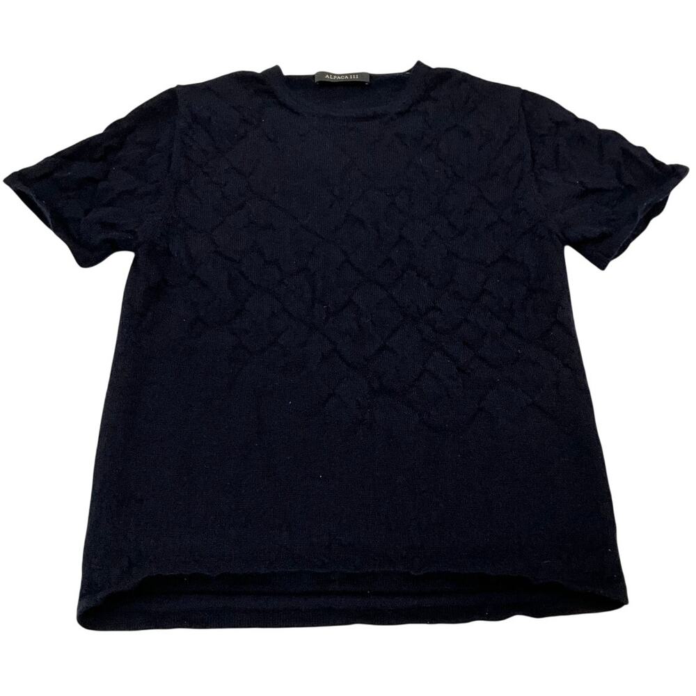 ALPACA 111 Sz L Short Sleeve Navy Textured Diagonal Pattern 100% Baby Alpaca